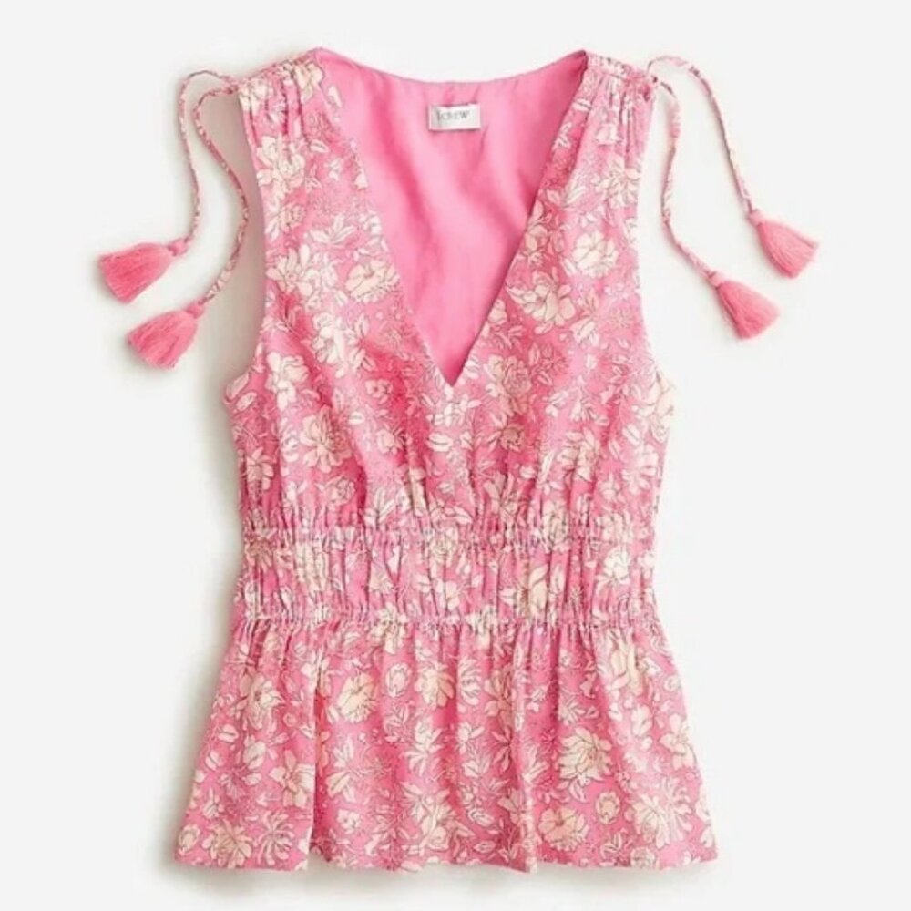 J. Crew V-Neck Voile Tassels Gathered Waist Pink/Ivory Floral Blouse/Top Small